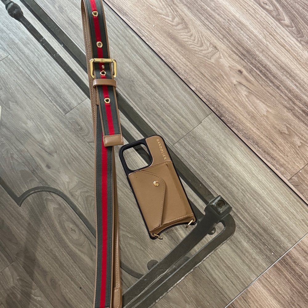 Bandolier Tan Phone Case with Red Stripe Belt